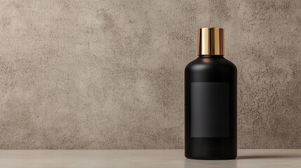 Sophisticated Spray Bottle Designs. A sleek, black bottle with a gold cap sits against a textured gray background, suggesting elegance and minimalism in design.