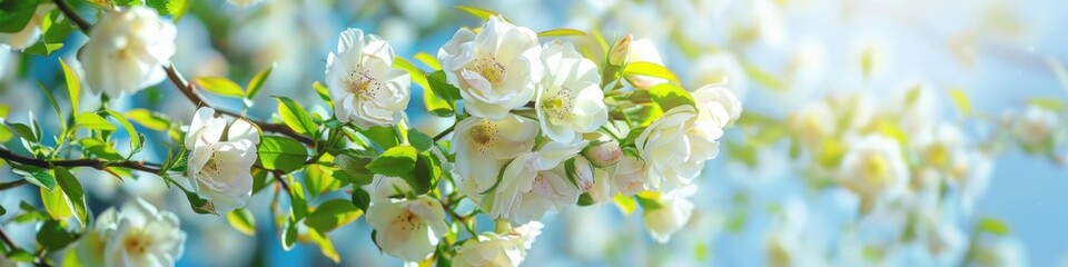 Spring Season Background. Blooming White Rose Bush on Blue Sky Background