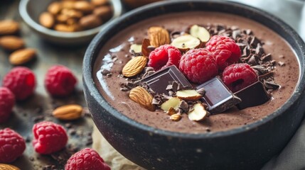 Chocolate Smoothie Bowl with Almonds, Raspberries, and Chocolate Pieces