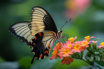 Fototapeta premium Beautiful swallowtail butterfly on vibrant pink and orange flowers