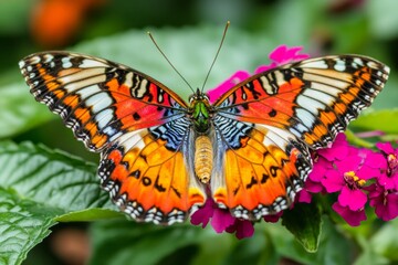 Obraz premium Vibrant orange and black butterfly resting on pink flowers in a green garden
