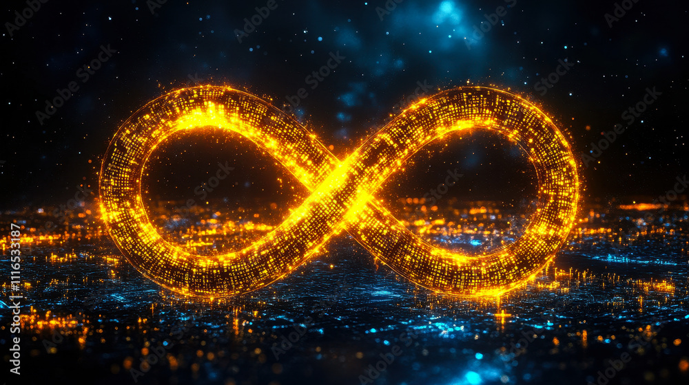Poster glowing binary code infinity symbol on black background representing technology and endless possibil