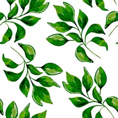 Watercolor seamless pattern with isolated green leaves on a white background. Natural and fresh design is perfect for textiles, wallpapers and packaging