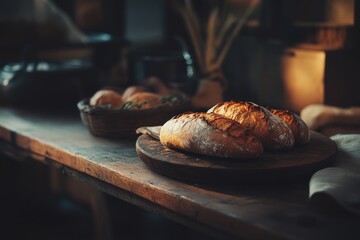Rustic loaves of bread on wooden table in warm kitchen setting