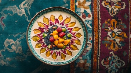 Fototapeta premium Colorful Fruit and Seed Bowl on Ornate Rug