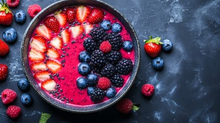 Bowl of Pink Smoothie Topped with Strawberries, Blueberries, Blackberries, and Raspberries