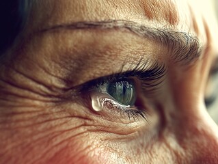 old woman cries, close up of a blue eye with tears and stylish eyebrow, wrinkles around the eyes
