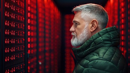 A focused man with gray hair standing in a high-tech server room illuminated by red lights.
