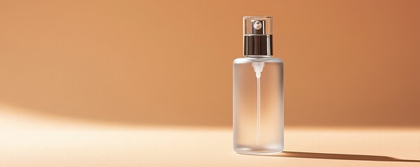 Naklejka premium Sophisticated Spray Bottle Designs. A simple, elegant spray bottle stands against a warm, minimalistic backdrop, highlighting its sleek design and transparency.