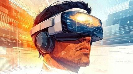 Fototapeta premium A futuristic character wearing virtual reality goggles, exploring a digital world filled with vibrant colors.