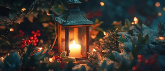 Warm Lantern Glow Among Festive Greenery and Twinkling Lights