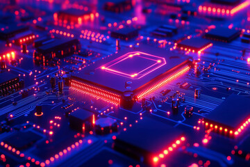 Obraz premium Purple-illuminated electronic circuit board