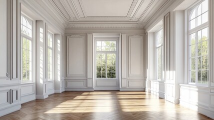 Obraz premium Sunlit empty room with classic white walls, wood floors, and large windows.