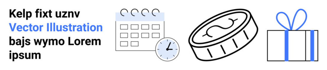 Calendar with clock, coin, and wrapped gift. Ideal for event planning, time management, financial planning, celebrations, holiday preparations scheduling and productivity. Landing page