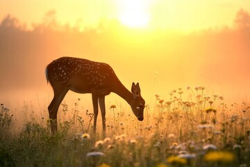 Naklejka premium Young deer grazing in sunrise field with wildflowers
