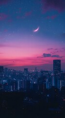Obraz premium Stunning night skyline with a crescent moon over a vibrant cityscape.
