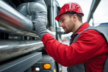 Fototapeta premium Caucasian young male industrial worker inspecting machinery pipes with red safety helmet