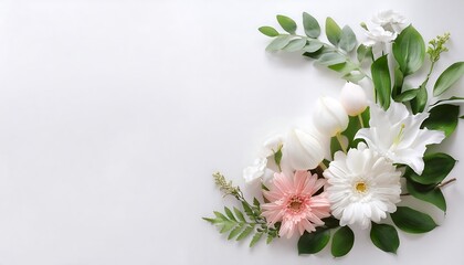 Floral arrangement showcasing vibrant flowers and lush foliage on a clean white background. Generative AI