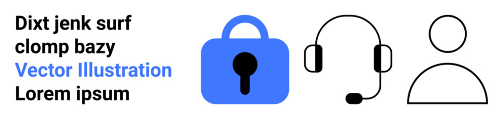 Key elements are a blue lock, a black headset, and a person icon. Ideal for cybersecurity, tech support, user accounts, data protection, customer service, online security, and digital privacy. Banner