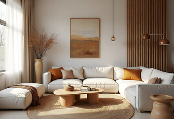 Boho, japandi home interior design of modern living room with light tones, centered on natural materials, and featuring soft, neutral decor accents.