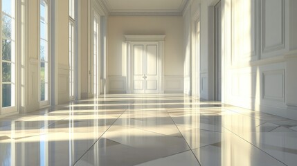 Fototapeta premium Sunlit elegant hallway with white walls, large windows, and marble floor.