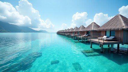Obraz premium Relaxing overwater bungalows under a bright blue sky in a serene tropical paradise