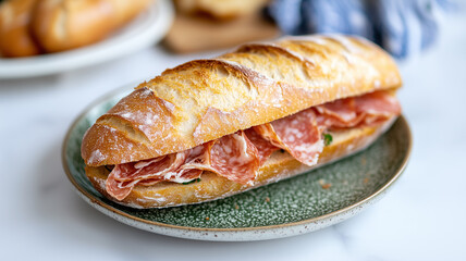 Salami sandwich in a green plate on a table. 