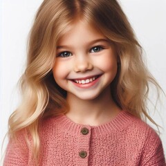 Fototapeta premium Smiling blonde girl with wavy hair in pink sweater on white background