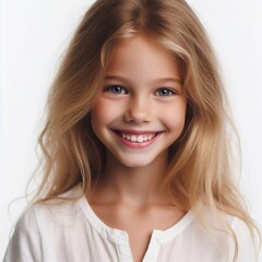 Fototapeta premium Smiling blonde girl with wavy hair in a white shirt on white background