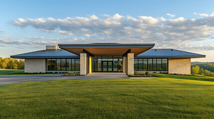 Obraz premium Modern Texas Ranch House with Hill Country Views and Oak Grove, Luxury Austin Estate with Stone Features