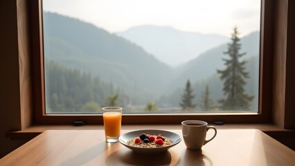 Breakfast with Scenic Mountain View at Cozy Window