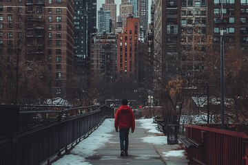 A boy walks down a sidewalk in front of a cityscape