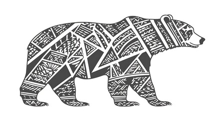 A black and white stylized illustration of a bear with geometric patterns