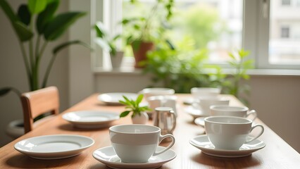 Fototapeta premium Bright Breakfast Table with White Cups and Green Plants
