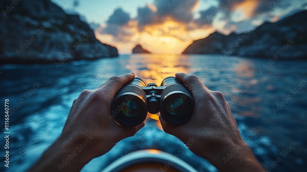 Poster looking through binoculars, an individual observes a breathtaking sunset reflecting on the ocean whi