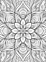Intricate black and white mandala with symmetrical floral patterns and detailed linework, ideal for coloring and relaxation activities, showcasing balance and artistic precision