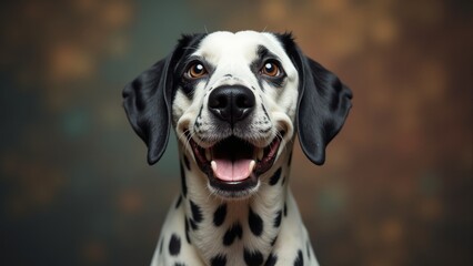 Playful dalmatian with joyful expression against a vibrant background during a cheerful moment