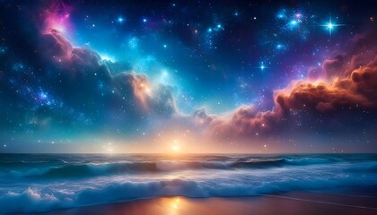 Fototapeta premium Vibrant galaxy filled with colorful nebula and sparkling stars above a tranquil ocean at sunset. Generative AI