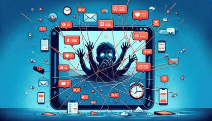 Silhouette trapped in digital world bombarded by overwhelming notifications