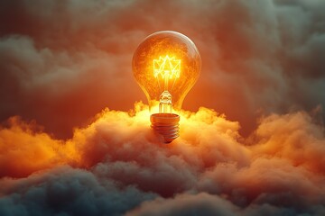 A light bulb is floating in the sky, surrounded by clouds