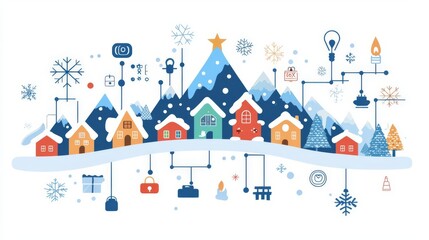 Charming winter village with snow and decorations.