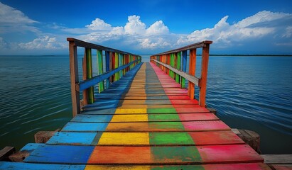 Obraz premium AI generator image of Rainbow bridge in Thailand. View of The colorful wood bridge extends into the sea under blue sky at samut sakhon province,Thailand.Old wood colorful bridge pier against beautiful