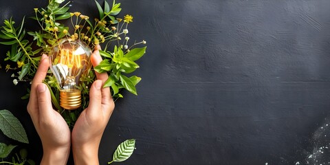 A person holding a glowing blub with plants on the black background 