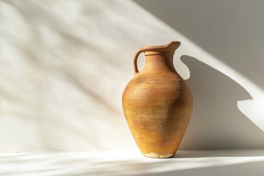 A rustic terracotta amphora bathed in sunlight against a white wall  casting a dramatic shadow.