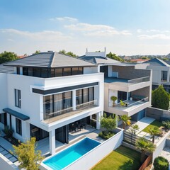 Fototapeta premium AI generator images of white house in the middle of a natural garden,Beautiful contemporary white house with lush grass Residential house for family. Traditional style home with beautiful landscaping.