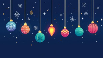 Colorful holiday ornaments hanging in the night.