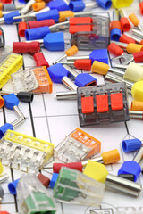 Terminals for quick connection of copper electrical wires. Close-up. Soft focus.