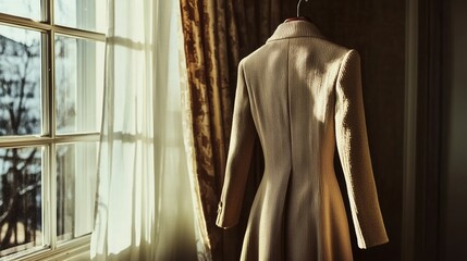 Vintage coat hanging on a clean rack with soft natural light in a serene indoor space promoting eco-conscious living