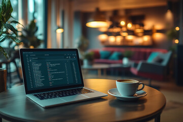 A laptop is open on a table with a cup of coffee next to it