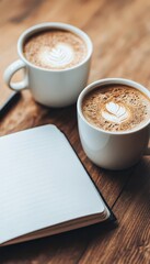 Two Cappuccinos and an Open Sketchbook on a Rustic Wooden Table Coffee Break for Inspiration